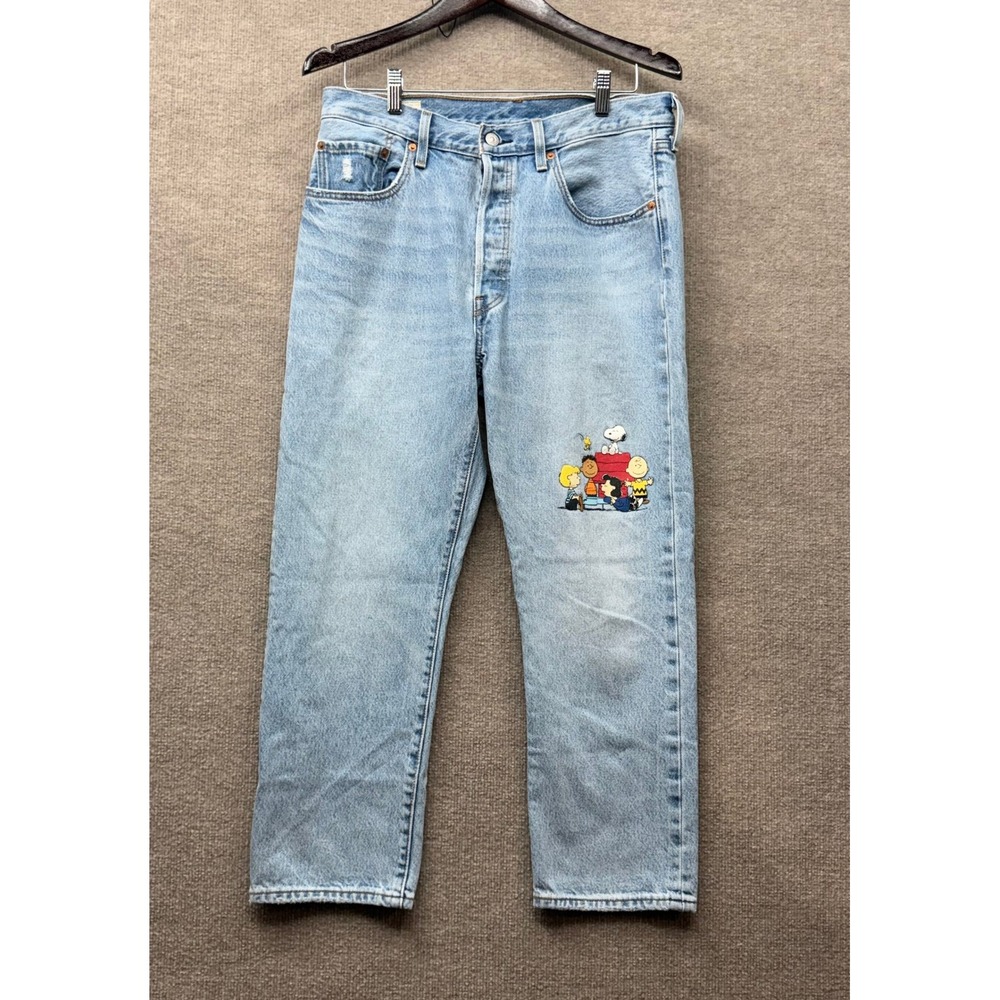 Levis 501 Peanuts Snoopy Woodstock Light Wash Straight Leg Button Fly Jeans